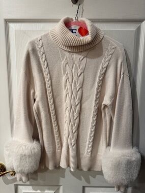 Saks 5th Avenue Cozy Cream Cable-Knit Turtleneck Sweater with Faux Fur Cuffs